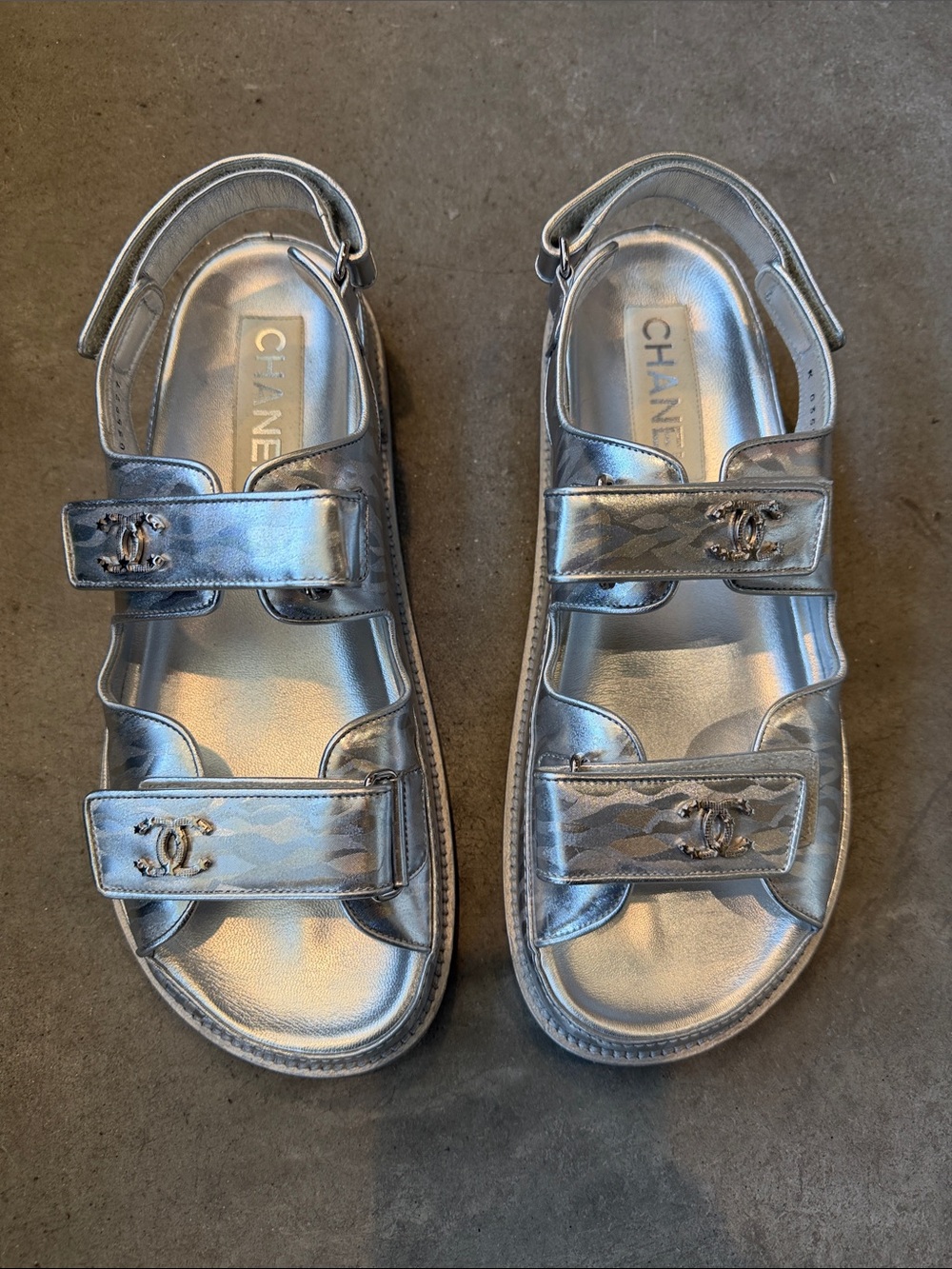 Chanel Metallica  Silver Leather Velcro dad Sandals
